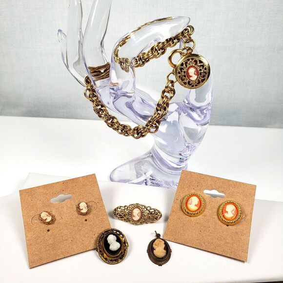 Vintage Victorian Lady Cameo Lot Bracelet Earrings Pendant Brooch Pin Gold Tone - Picture 3 of 15